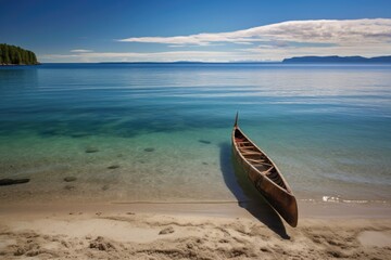 Wall Mural - canoe launching from a sandy beach, entering turquoise waters