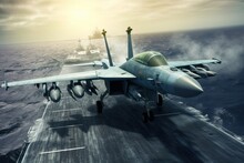 Front View Of A Military Jet Fighter Taking Off From The Deck Of An Aircraft Carrier. Cloudy Sky Over The Sea Horizon. The Interaction Of The Navy And Aviation, Military Maneuvers. 3D Rendering.