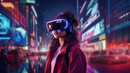 Generative AI, beautiful woman in VR glasses in neon space street, virtual reality headset  in cyberspace