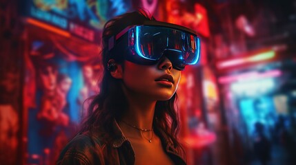 Generative AI, beautiful woman in VR glasses in neon space street, virtual reality headset  in cyberspace