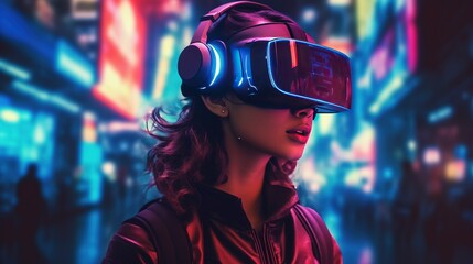 Generative AI, beautiful woman in VR glasses in neon space street, virtual reality headset  in cyberspace