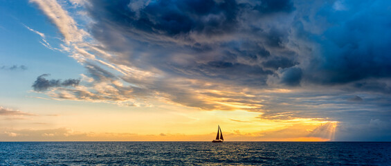 Wall Mural - Sunset Inspirational Storm Sailboat Surreal Nature Ethereal Hope Journey Banner