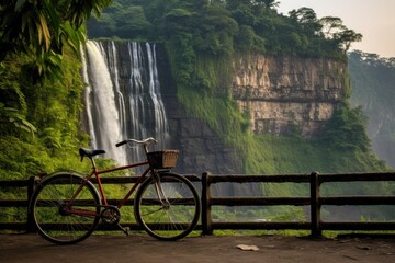 Wall Mural - bicycle parked near a scenic waterfall viewpoint