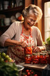 Smiling grandma stands proudly in her kitchen, surrounded by a delightful display of jars filled with beautifully canned tomatoes. Canning and preserving food.