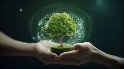 Wall Mural - symbolic green tree in human hands on blurred background. respect for nature, sustainable energy, ca