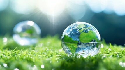 Transparent crystal sphere filled with sunlight on green grass. Glass globe with outlines of continents, symbolizing Earth. Protection of water resources concept. Environmental care. 3D rendering.