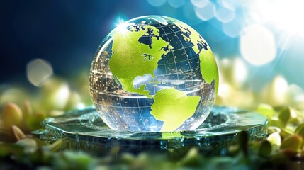 Wall Mural - transparent crystal sphere filled with sunlight on green grass. glass globe with outlines of contine