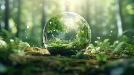 Wall Mural - transparent crystal sphere in a green forest filled with sunlight. grass and trees are reflected in 