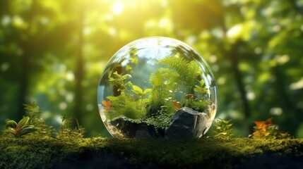 Wall Mural - transparent crystal sphere in a green forest filled with sunlight. grass and trees are reflected in 