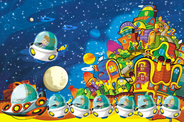 Cartoon funny colorful scene of cosmos galactic alien ufo space craft ship illustration for kids