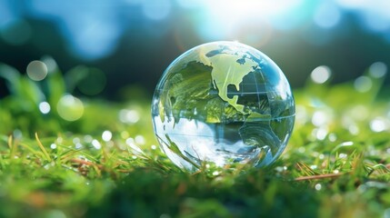 Wall Mural - transparent crystal sphere filled with sunlight on green grass. glass globe with outlines of contine