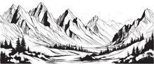 Vector Sketch Of Hand Drawn Graphic Mountain Ranges And Pine Forest. Natural Landscape. Black And White Backgrounds For Outdoor Camping.