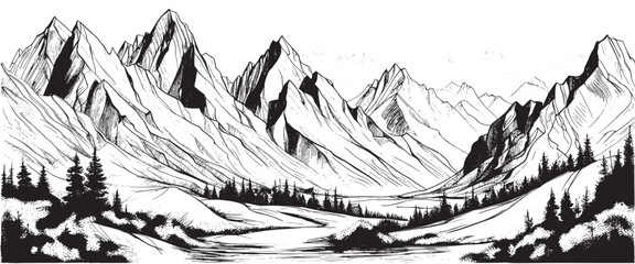 Vector sketch of hand drawn graphic mountain ranges and pine forest. Natural landscape. Black and white backgrounds for outdoor camping.