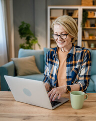 One mature blonde woman work on laptop computer at home in the evening