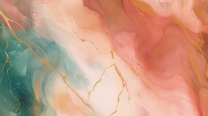 Poster - Generative AI : Marble Ink, watercolor paint pastel with gold foil abstract art. Colorful painting alcohol ink background. Highly-textured green brown oil paint and gold sparkles vector