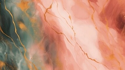 Poster - Generative AI : Marble Ink, watercolor paint pastel with gold foil abstract art. Colorful painting alcohol ink background. Highly-textured green brown oil paint and gold sparkles vector