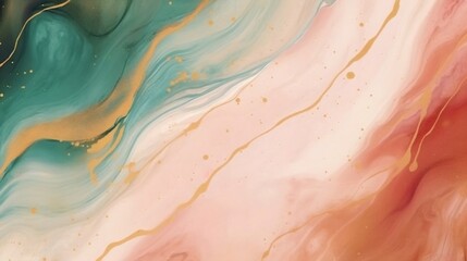 Poster - Generative AI : Marble Ink, watercolor paint pastel with gold foil abstract art. Colorful painting alcohol ink background. Highly-textured green brown oil paint and gold sparkles vector