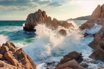 Close-up waves crashing against rocks on shore.