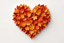 Generative AI : Creative Colorful Wreath In Form Of Heart Isolated On White Background Made Of Natural Maple Leaves Of Autumn Season In Yellow Orange Burgundy Green