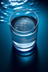Poster - Generative AI : A glass of pure cool water on a textured light blue background closeup with beautiful light and highlights