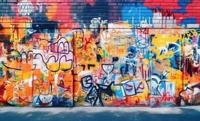 Walls in the form of collage work in the style of spray paint art covered with graffiti of different colors and styles.