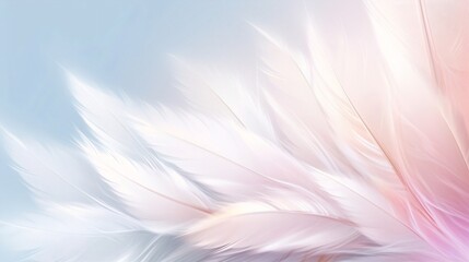 Poster - Generative AI : Airy soft Abstract gentle natural background with bird feathers macro with soft focus on light background Festive background white wing is strewn with sparkling sparkles