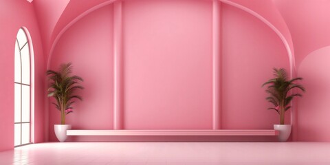 Poster - Generative AI : Beautiful versatile backdrop for product design and presentation with a pink wall and smooth floor