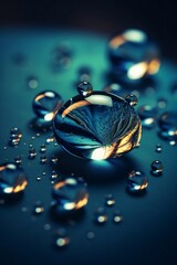 Poster - Generative AI : Beautiful clean transparent bright drop of water on smooth surface in blue and yellow colors macro Creative image of beauty of environment and nature