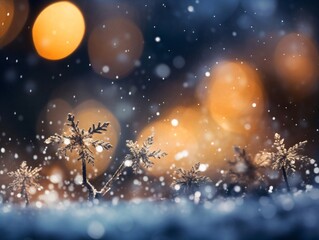 Aufkleber - Generative AI : Beautiful background image with small snowdrifts closeup and blurry holiday lights
