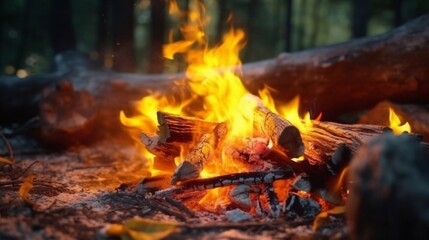 Leinwandbilder - Generative AI : Beautiful fire in the fireplace or campfire with hot coals closeup macro Languages spurts of blue flame on embers