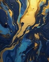 Poster - Generative AI : Beautiful abstract ART background random free mixing of paints in technique of liquid acrylic and gold powder Artistic image aerial view island in ocean in blue golden tones