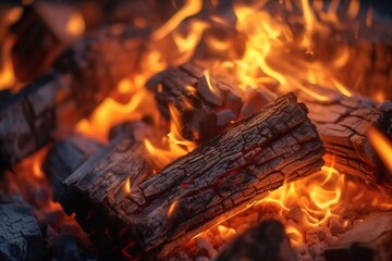 Leinwandbilder - Generative AI : Beautiful fire in the fireplace or campfire with hot coals closeup macro Spurts of flame on the burning logs