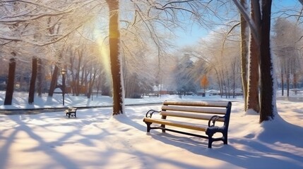 Aufkleber - Generative AI : Beautiful natiral landscape of morning snowy city park with frosted trees benches and a frozen blue ice pond