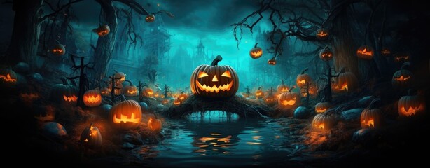 Wall Mural - Scary pumpkin found in a enchanted and destroyed forest illuminated by the moonlight at night.