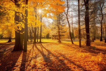 Poster - Generative AI : Beautiful autumn forest with a carpet of fallen orange leaves and maple trees in bright yellow sunlight in nature
