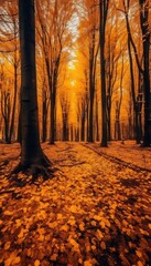 Poster - Generative AI : Beautiful autumn forest with a carpet of fallen orange leaves and maple trees in bright yellow sunlight in nature