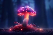 Close-up Glowing Mushrooms In Ultra Realistic Style In Purple And Red Lighting Style.