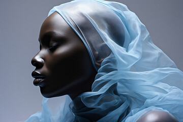 portrait of a dark-skinned woman with a blue veil in the style of deconstructivism, a very tender and sensual photograph. Fashion photo.. ai generation