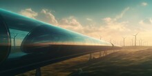  Hyperloop Train Inside Glass Tube Speeding Through Green Hill Skyline With Wind Turbines, Embracing Sustainable And Eco-Friendly Transportation Innovation