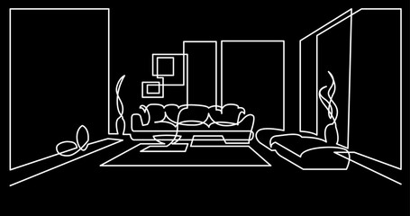 Wall Mural - continuous line drawing vector illustration with FULLY EDITABLE STROKE of furniture view interior concept on black background