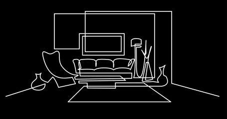 Wall Mural - continuous line drawing vector illustration with FULLY EDITABLE STROKE of furniture view interior concept on black background