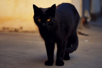 Wall Mural - Black cat on the city street during the day. The concept of superstition. AI generated, human enhanced