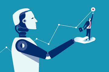 artificial intelligence helps human to achieve a target, goal. vector illustration.