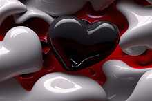 Black And White Heart Displayed On A Red Background, Color Splash, Dark White And Dark Purple, Close-up, Bold Color Blends, Glossy Finish