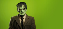 Adult Man Dressed As Frankenstein For Halloween On A Green Banner With Space For Copy