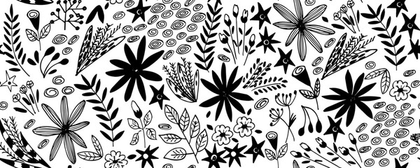 Plain floral drawing seamless pattern. Silhouettes of blooming black flowers. Elegant botanical pattern made of spring flowers. Hand drawn fabric, gift wrap, wall design. Nature ornament for textile