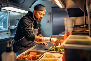 Urban food truck entrepreneur passionately assembling mouth-watering street cuisine, authenticity in his mobile kitchen