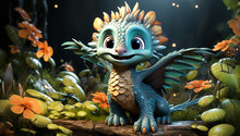 Cute Cartoon Of A Baby Dragon For Illustrations For Children. AI Generated