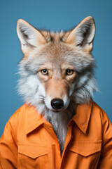 Wall Mural - Portrait of wolf in orange prison jumpsuit. AI generative art