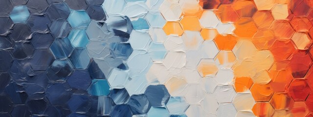 Leinwandbilder - Closeup of abstract rough colorful orange and blue geometric hexagonal hexagons art painting texture 3d pattern wallpaper, with oil acrylic brushstroke, pallet knife paint on canvas (Generative Ai)